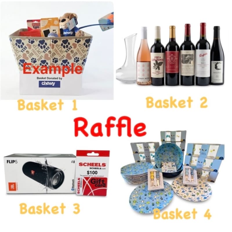 Four different raffle prize baskets are displayed against a plain white background.