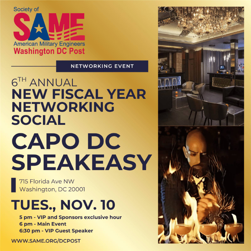 An event flyer for the SAME Washington DC Post networking social features text and event details on a gold background, flanked by photos of a luxury lounge and a fire performer.