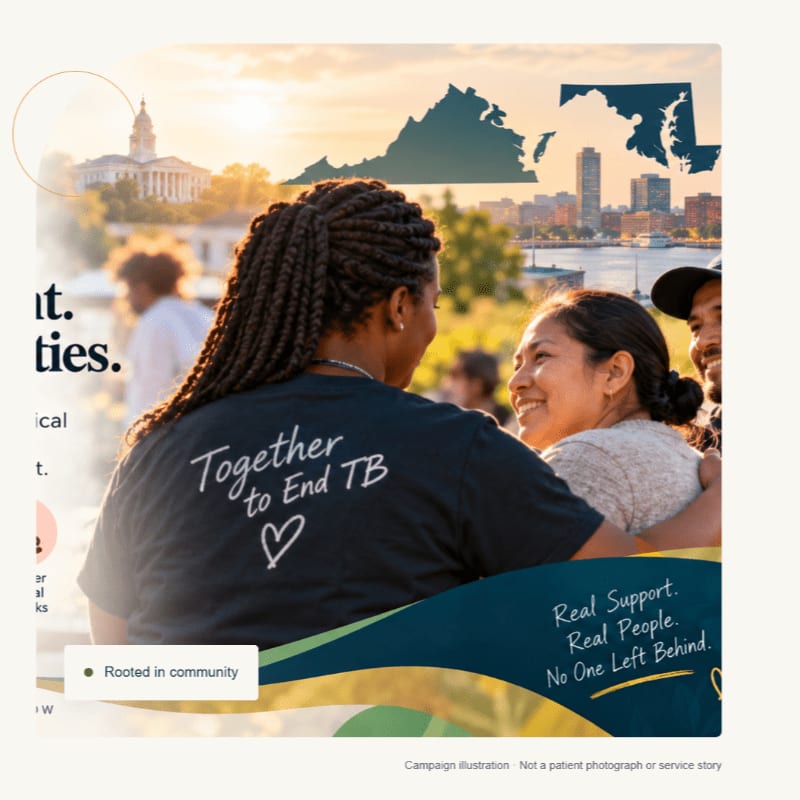 A woman in a "Together to End TB" shirt hugs another woman in the foreground, with a city skyline and state silhouettes in the background.