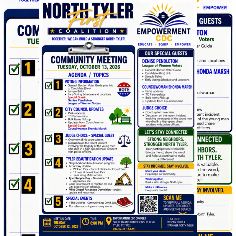 A community meeting flyer for North Tyler First Coalition features a detailed agenda in the foreground against a white background with organizational logos and guest information.