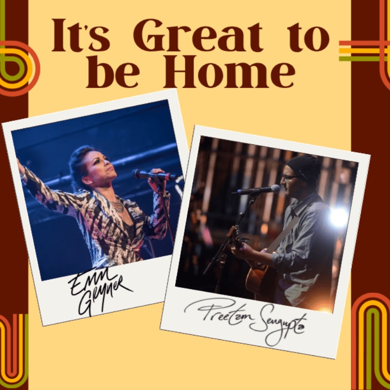 Two polaroid photos of musicians are layered over a yellow background featuring the text "It's Great to be Home" and colorful retro stripes.