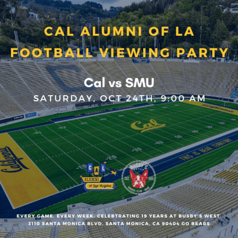Yellow and white text announcing a football viewing party overlays a wide shot of a green football stadium with mountains in the background.