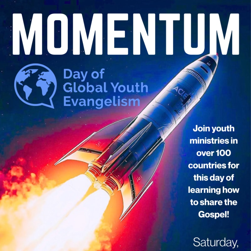 A rocket launching with bright orange flames in the foreground against a dark blue starry space background featuring the word "MOMENTUM" and event text.