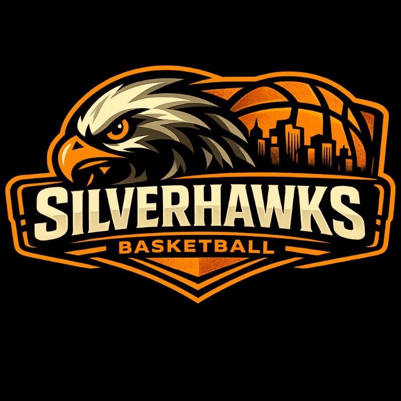 A fierce eagle head with "SILVERHAWKS BASKETBALL" emblazoned below it is set against a backdrop of a basketball and a city skyline.