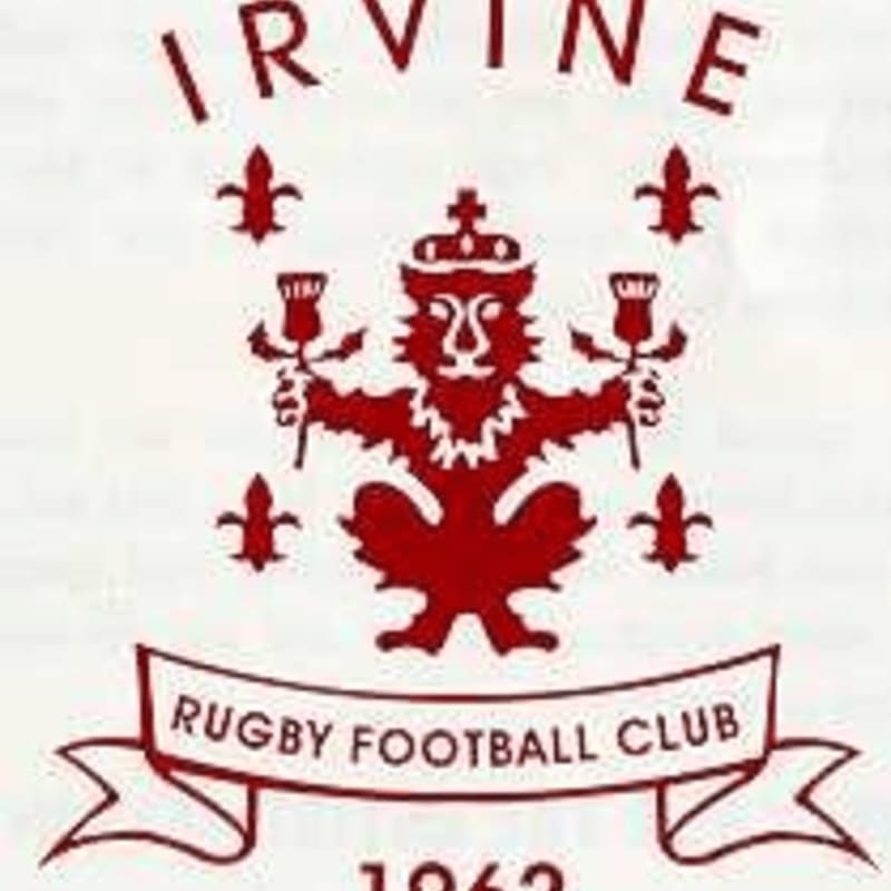 A red logo featuring a crowned lion holding thistles and the text "IRVINE RUGBY FOOTBALL CLUB" is set against a plain white background.