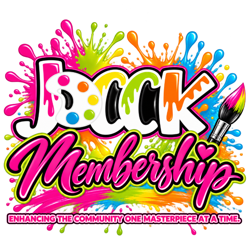 Colorful "Jock Membership" text and a paintbrush are set against a vibrant background of multi-colored paint splashes on a white field.