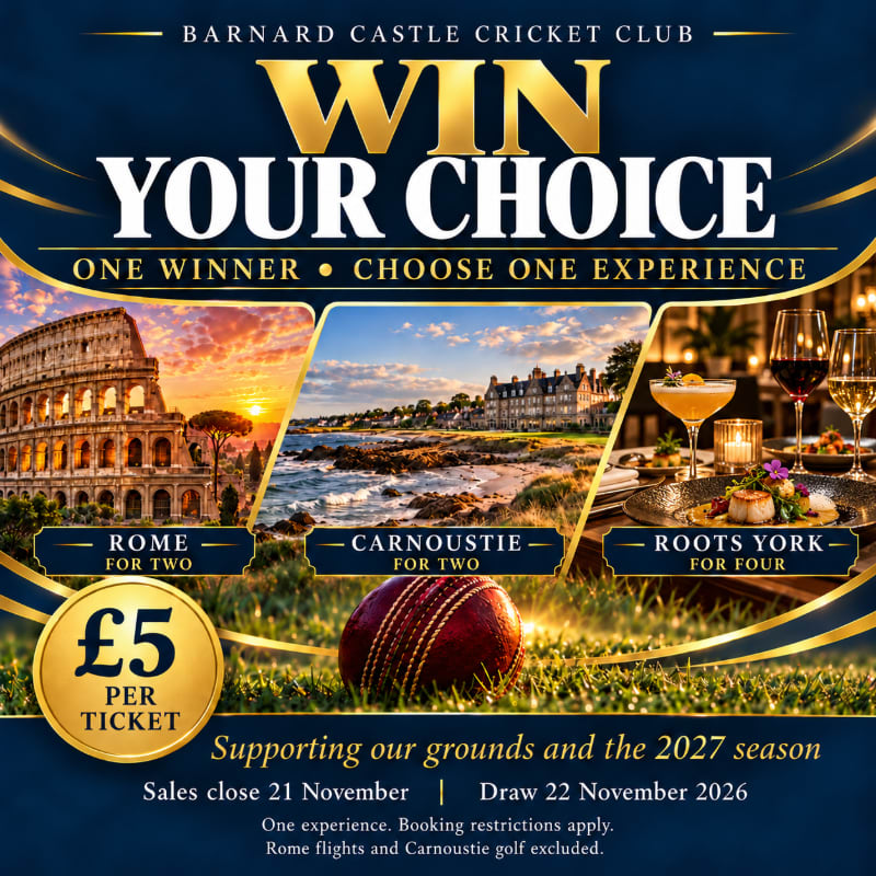 A promotional flyer for the Barnard Castle Cricket Club features a red cricket ball in the foreground and three travel destination images in the background.