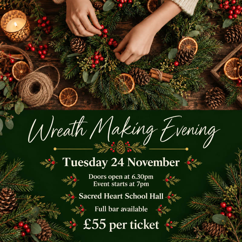 A festive promotional flyer features a person crafting a holiday wreath in the top half and event details for a "Wreath Making Evening" on a dark green background in the bottom half.