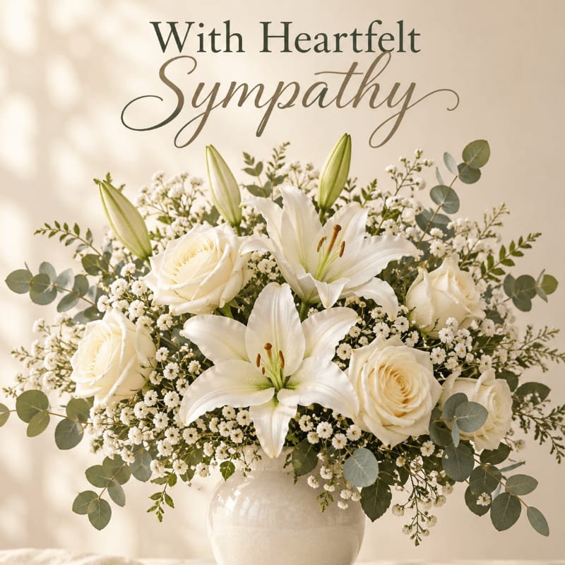 A bouquet of white lilies and roses in a white vase sits against a neutral background with the text "With Heartfelt Sympathy" written above.