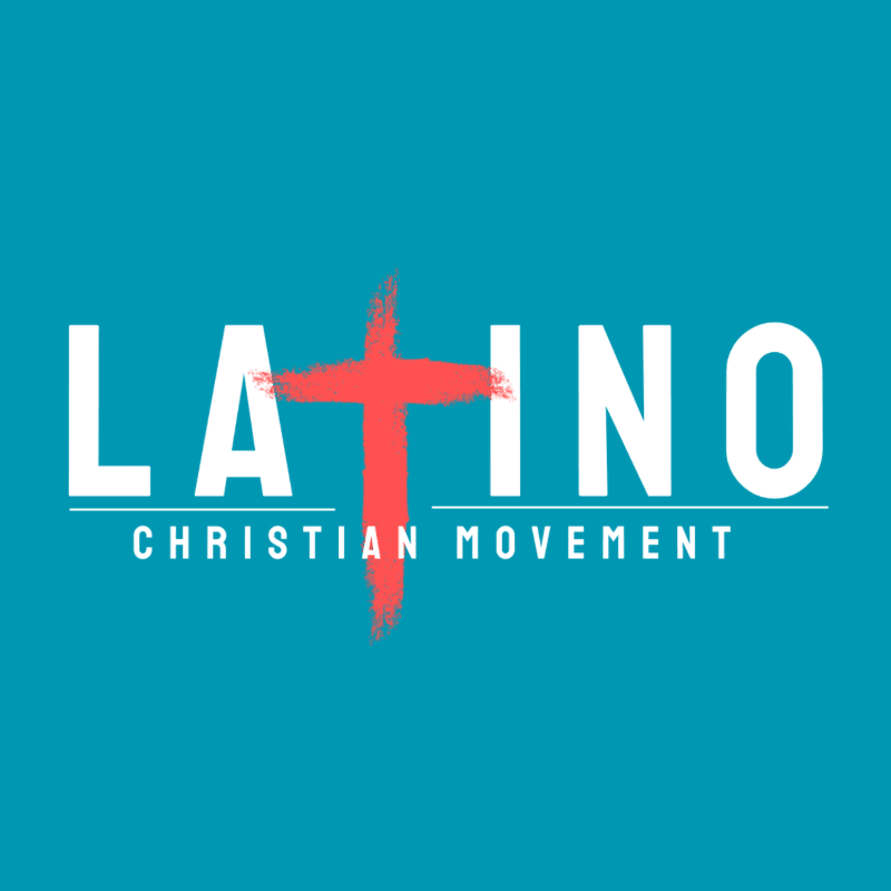A red brushstroke cross is centered within the white text "LATINO CHRISTIAN MOVEMENT" against a solid teal background.