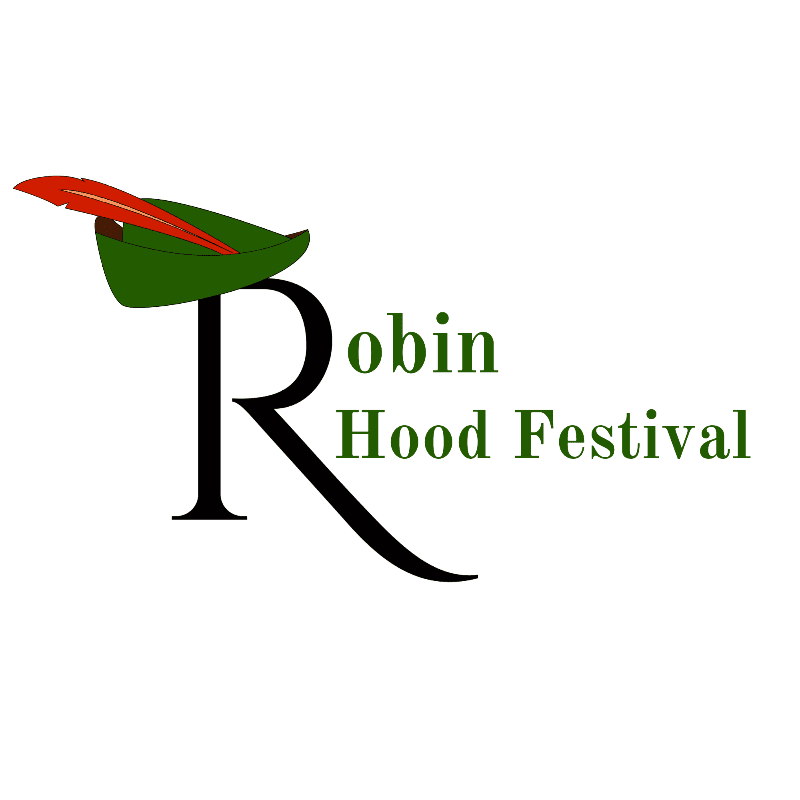 A green Robin Hood hat with a red feather rests on the letter "R" of "Robin Hood Festival" against a white background.
