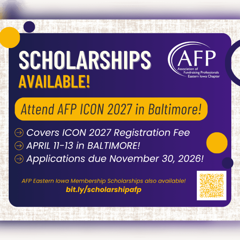 White and yellow text announcing scholarship availability for AFP ICON 2027 is set against a dark purple rectangular background with decorative colorful circles.