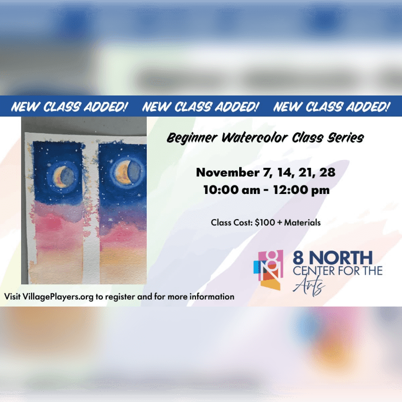 An advertisement for a beginner watercolor class series features a sample painting of a crescent moon in the foreground against a white background with class details and a logo.