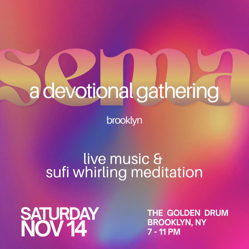 White text announcing a "Sema" devotional gathering in Brooklyn is layered over a vibrant, multicolored gradient background of purple, pink, and orange.