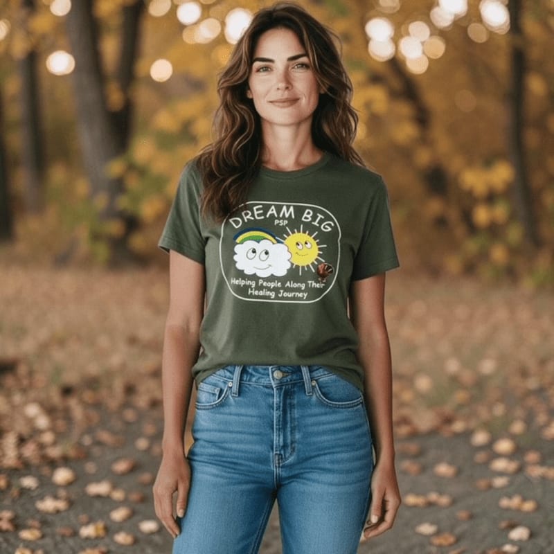 A woman wearing an olive green t-shirt and blue jeans stands in a forest with autumn leaves on the ground and blurred golden foliage in the background.