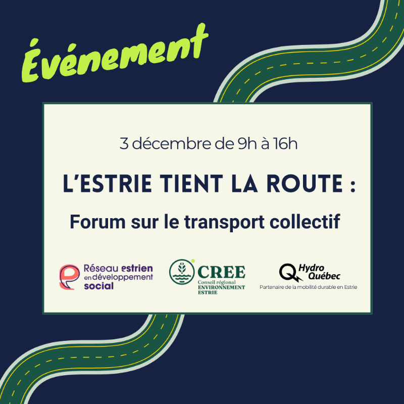 A white informational text box about a public transport forum sits in the foreground against a dark blue background featuring a winding green road and the word "Événement."