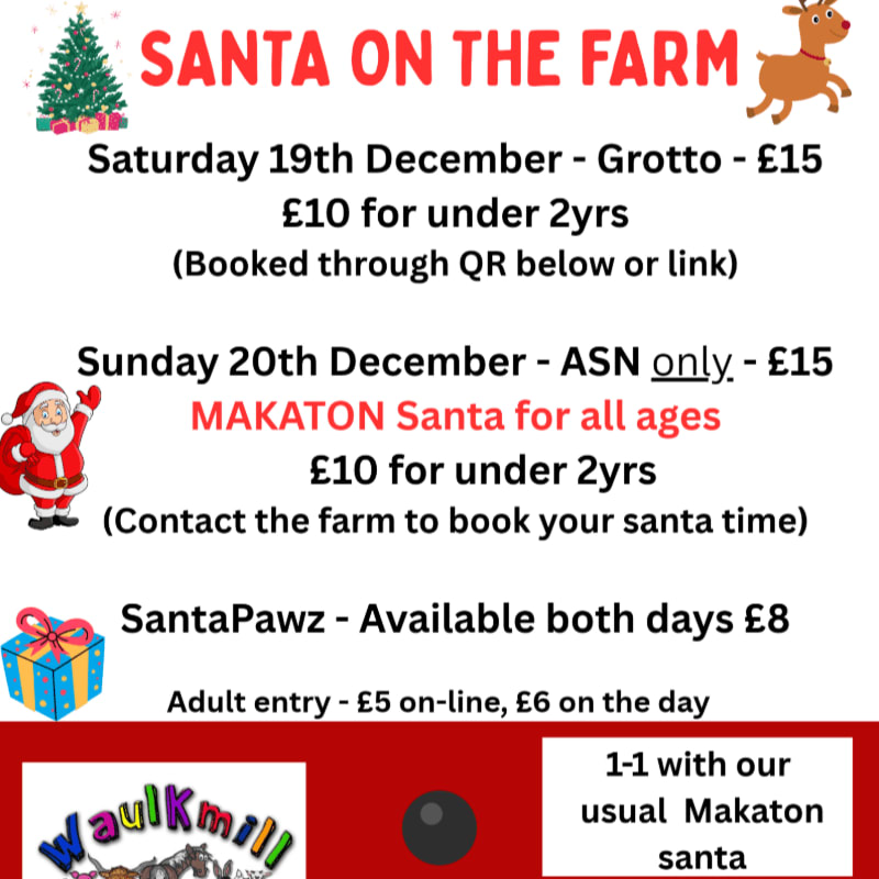 Text detailing "Santa on the Farm" event dates and pricing is set against a plain white background with festive illustrations of a tree, reindeer, Santa, and a gift.