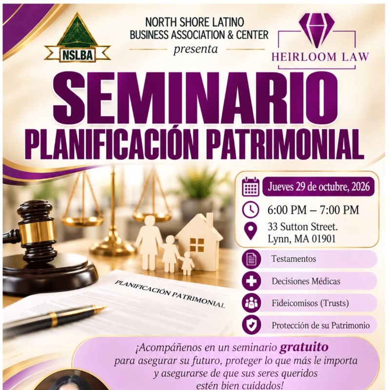 A legal gavel, scales of justice, and small wooden family figures sit in the foreground of a promotional flyer for a wealth planning seminar.