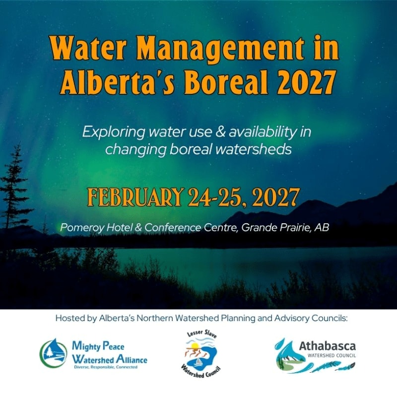 Event text for "Water Management in Alberta's Boreal 2027" is overlaid on a landscape featuring a dark forest and lake under a vibrant aurora borealis sky.