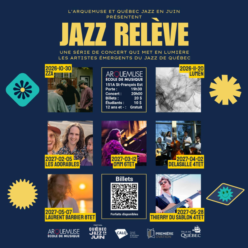 A promotional poster for "Jazz Relève" featuring event details and artist photos in the foreground against a dark blue background.