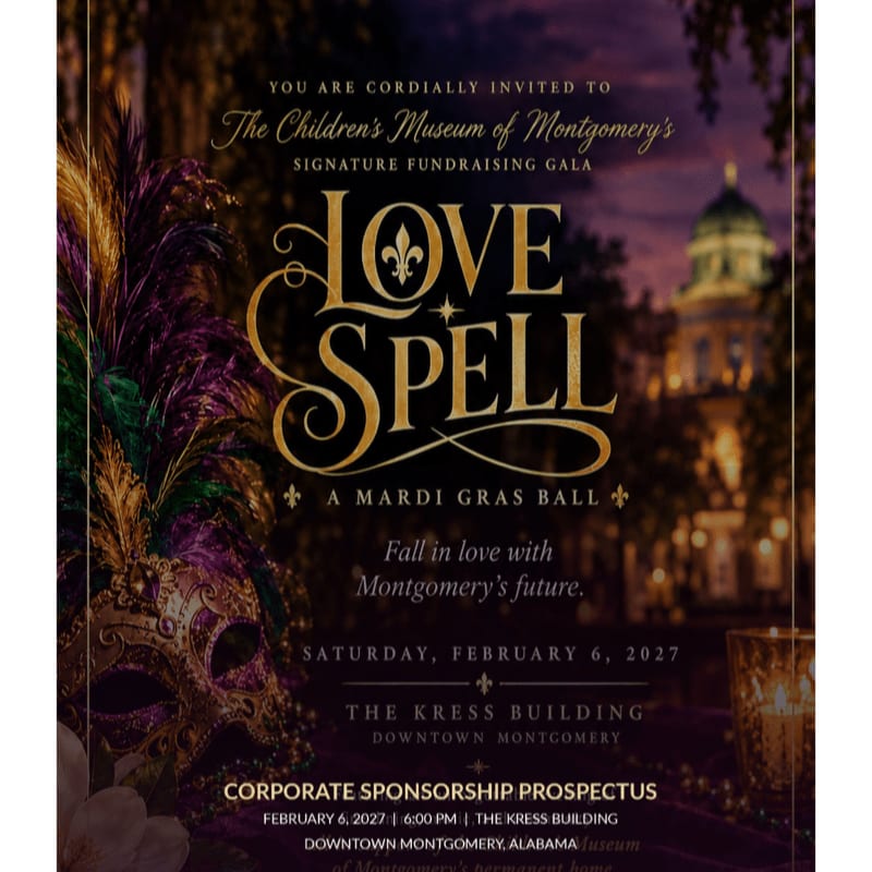 A colorful masquerade mask and feathers sit in the foreground of an invitation for a Mardi Gras ball, set against a blurred evening cityscape with a domed building.