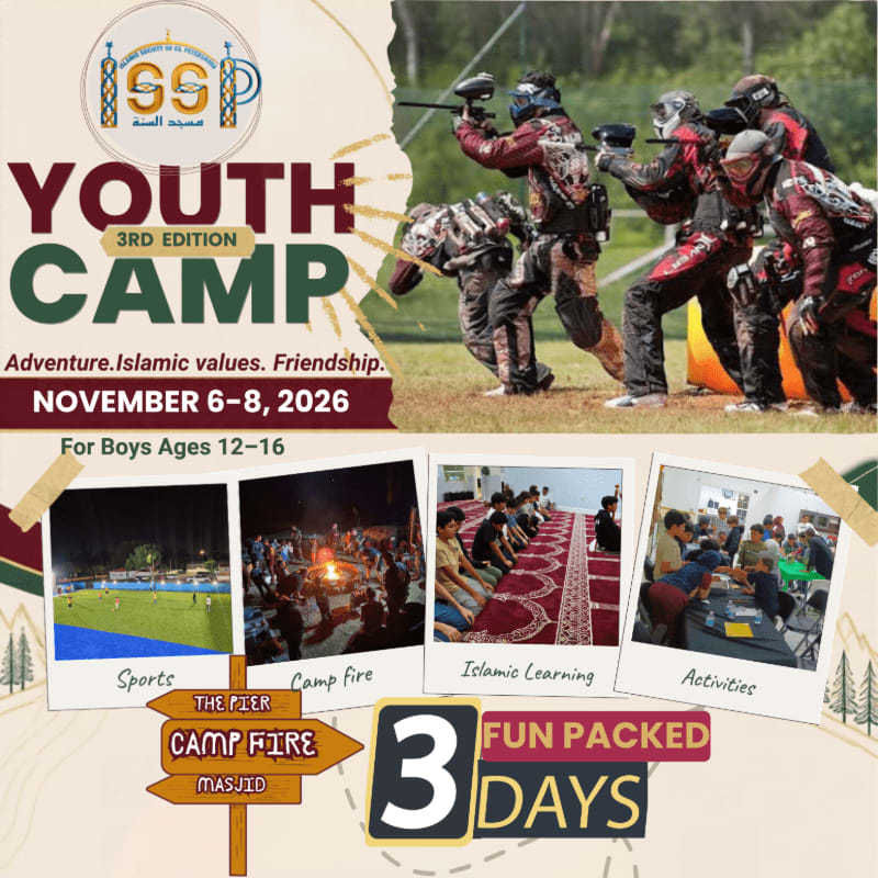 A promotional flyer for a youth camp features paintball players in the foreground and a natural outdoor background, with event details and activity photos below.