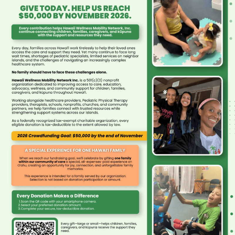 A fundraising flyer for the Hawaii Wellness Mobility Network features informational text and donation instructions on a green and white background, accompanied by photos of children and families on the right.