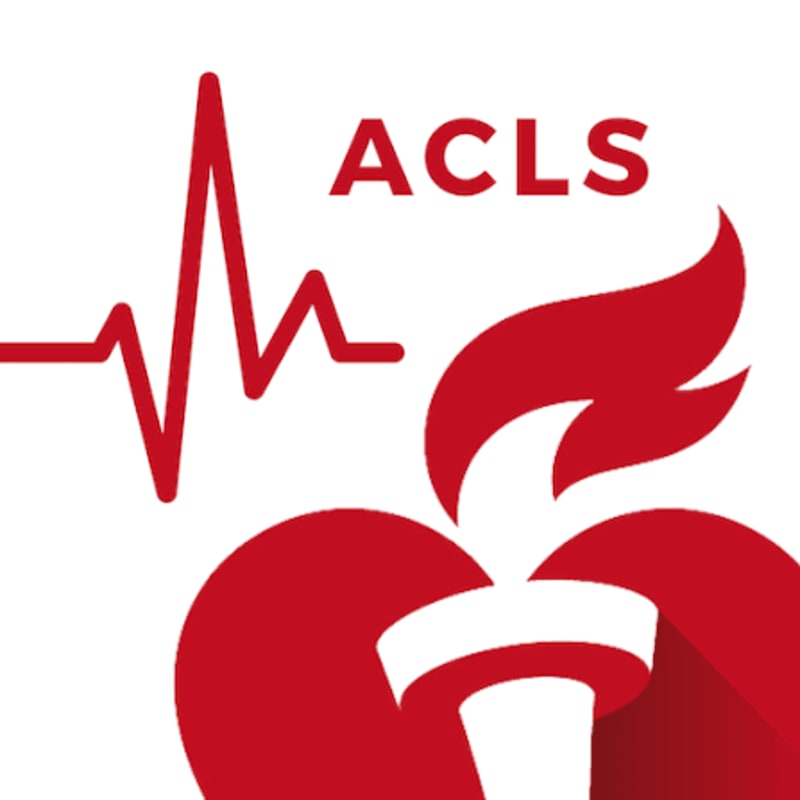 A red heartbeat line, the text "ACLS," and a red torch icon are set against a plain white background.