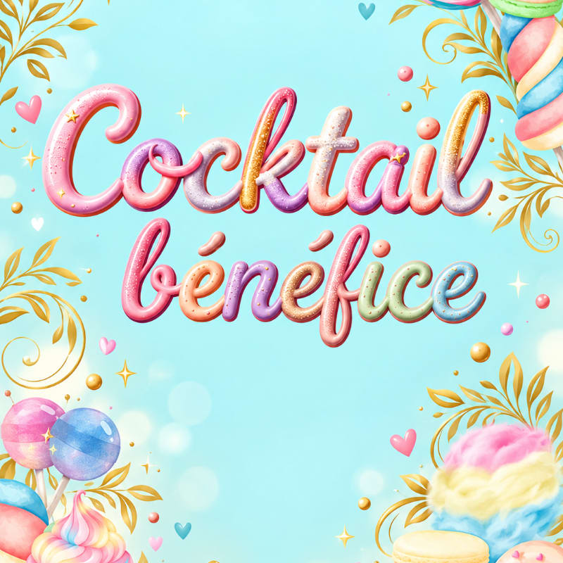 Colorful, 3D bubble lettering reading "Cocktail bénéfice" sits in the center of a light blue background adorned with candy, gold filigree, and floating hearts.