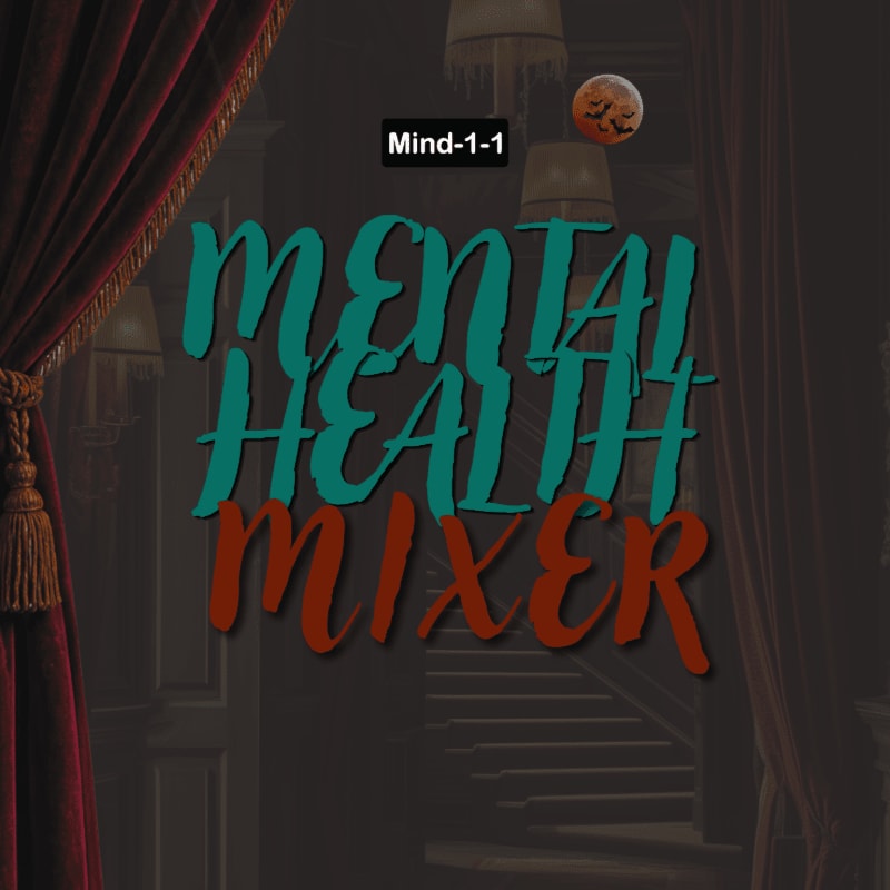 Stylized text reading "MENTAL HEALTH MIXER" sits in the foreground against a dark, moody background featuring red curtains and a dim interior.