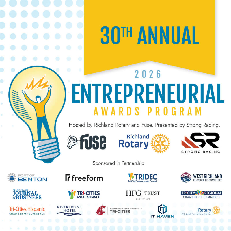 A lightbulb illustration with a cheering figure sits in the foreground against a white background featuring a yellow banner and various corporate logos.