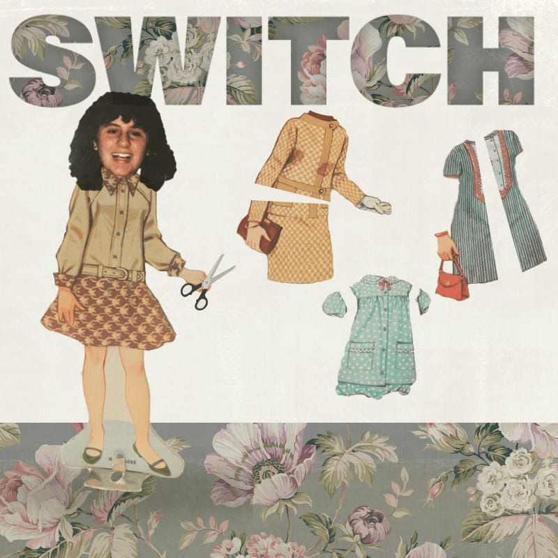 A woman holding scissors stands beside floating vintage outfits against a white background with floral borders and the word "SWITCH" at the top.