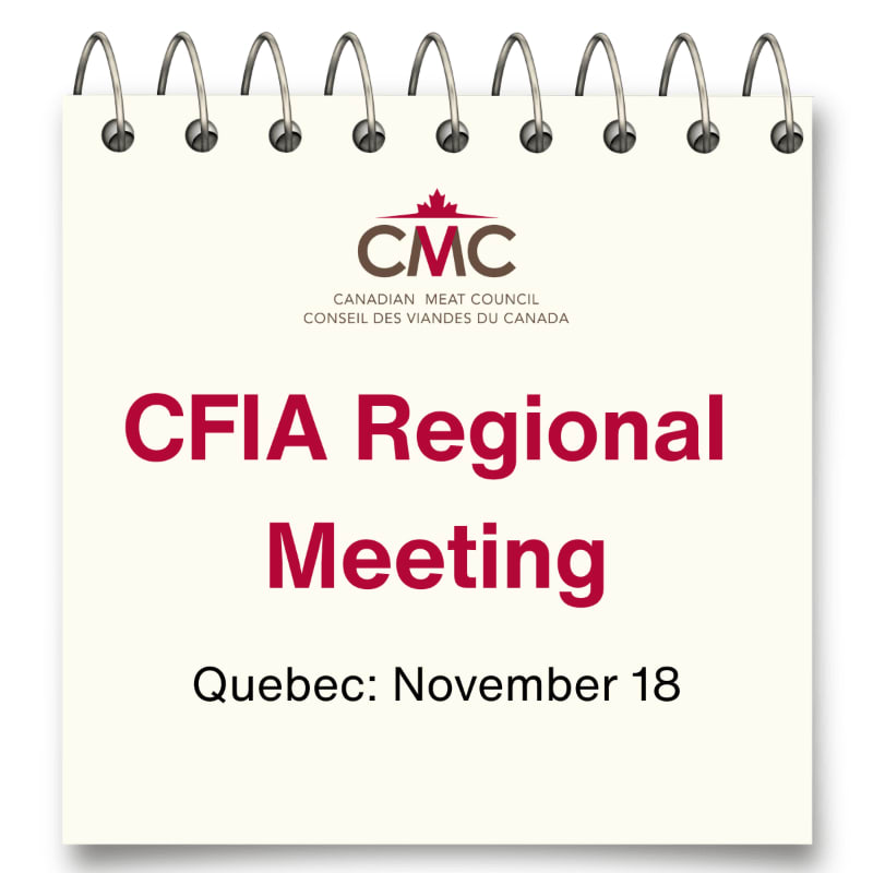 Red and black text announcing a CFIA Regional Meeting in Quebec on November 18 is centered on a white spiral-bound notepad.