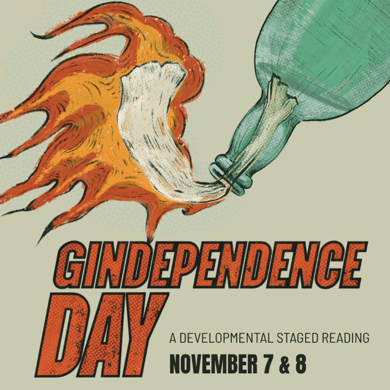 A flaming bottle of gin pours fire in the foreground against a plain, light-green background with the text "Gindependence Day" and event details below.