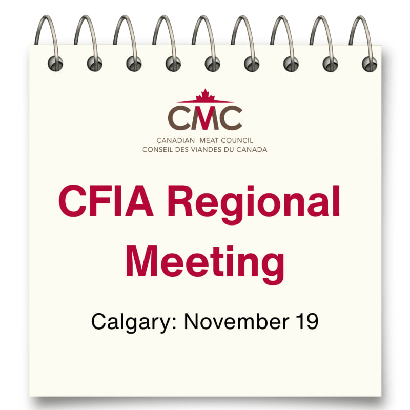 Red and black text announcing a CFIA Regional Meeting in Calgary on November 19 is centered on a white spiral-bound notepad against a plain white background.