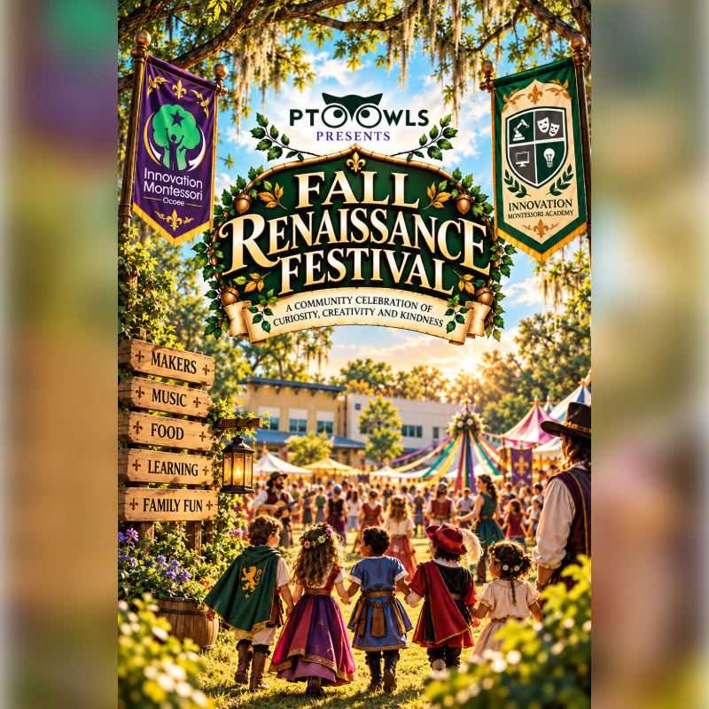 Children in Renaissance costumes stand in the foreground of a festive fairground, with a large "Fall Renaissance Festival" sign and a sunny outdoor village in the background.