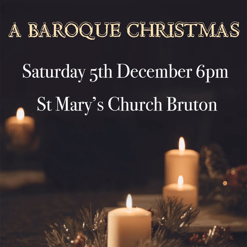 White text announcing "A Baroque Christmas" concert details sits above several glowing candles and pine needles against a dark, blurred background.