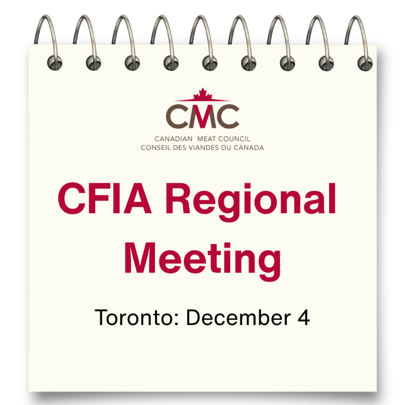 Red text announcing a CFIA Regional Meeting in Toronto on December 4 is centered on a spiral-bound notepad against a plain white background.