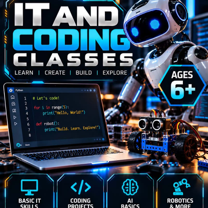 A white robot and a laptop displaying Python code sit in the foreground, set against a futuristic tech background with "IT AND CODING CLASSES" text.