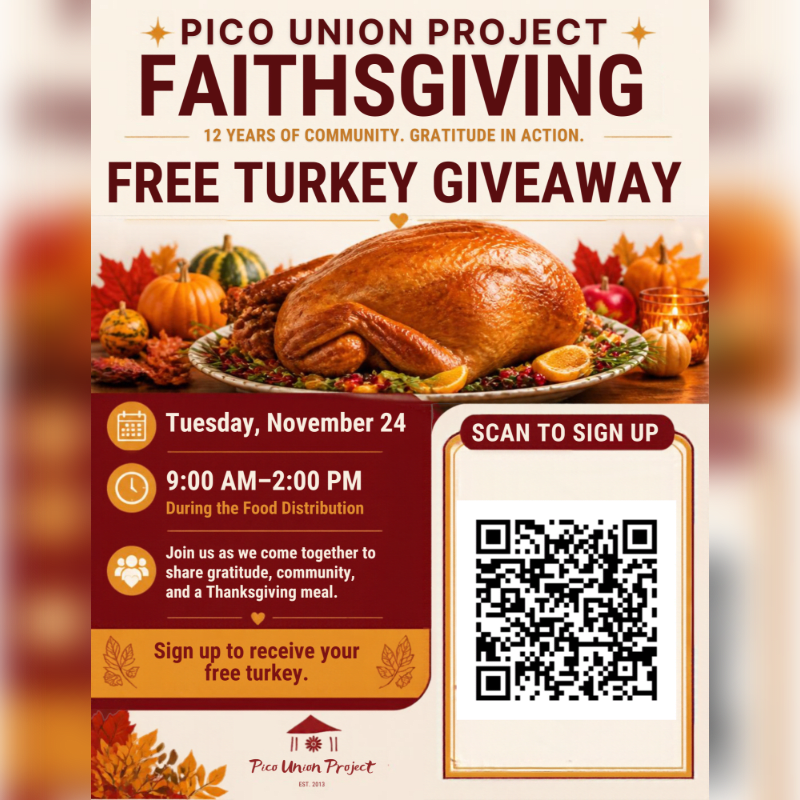 A roasted turkey on a platter sits in the foreground of a promotional flyer, with autumn decorations and event details set against a white and orange background.