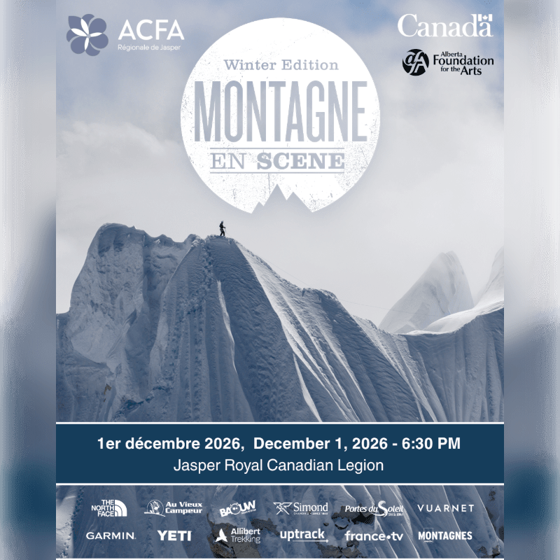 A person stands atop a snowy mountain peak under a cloudy sky, framed by event text and sponsor logos.