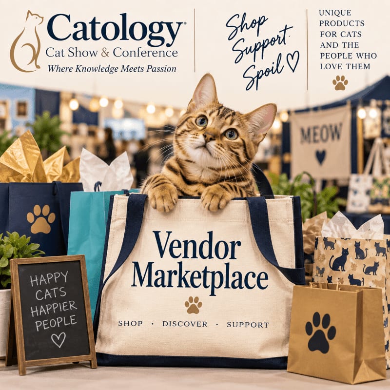A tabby cat peeks out of a "Vendor Marketplace" tote bag in the foreground, set against a blurred background of a cat show and conference.