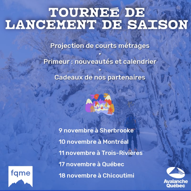 A snowy mountain landscape with a skier in the foreground serves as the backdrop for text announcing a season launch tour.