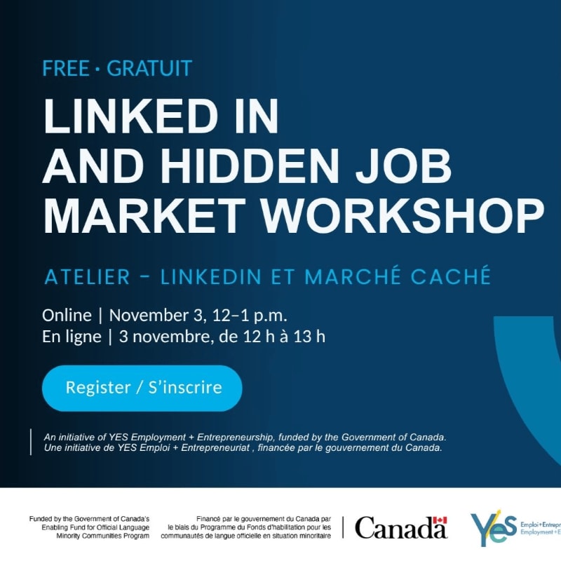 White and light blue text advertising a LinkedIn and Hidden Job Market Workshop is set against a dark blue background with a light blue curved accent in the lower right.