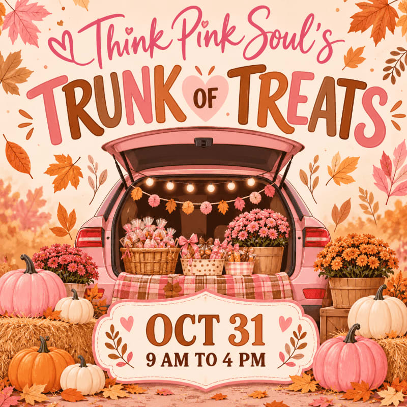 A pink car trunk filled with treats and flowers sits in the foreground, set against a background of falling autumn leaves and a promotional event sign.