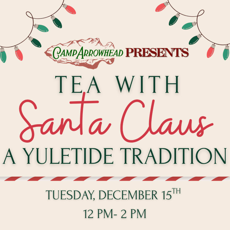 Red and green text announcing "Tea with Santa Claus" sits in the foreground against a cream background decorated with festive string lights.
