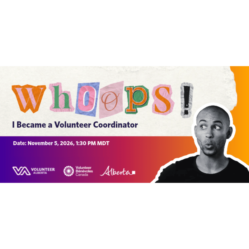 A surprised man appears in the foreground next to the text "whoops! I Became a Volunteer Coordinator" against a colorful, multi-toned background.