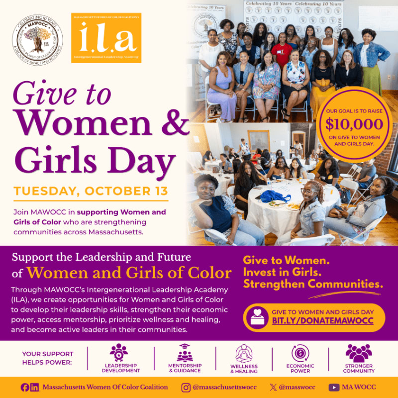 A promotional flyer for "Give to Women & Girls Day" features bold purple text and event details in the foreground, with photos of diverse groups of women in the background.