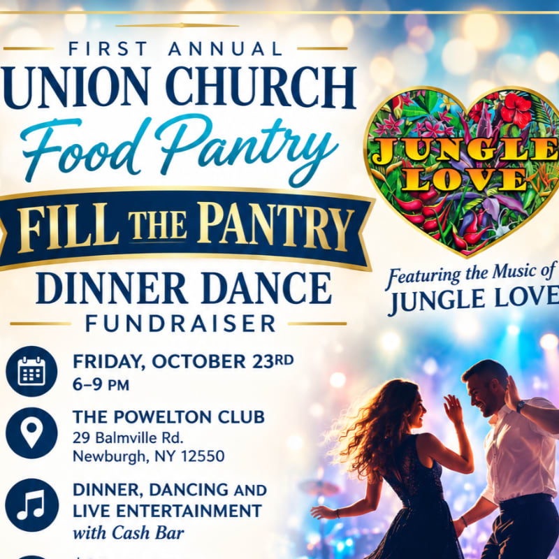 A promotional flyer for a dinner dance fundraiser features event details and a heart-shaped logo in the foreground against a blurred, bokeh-lit background with a dancing couple.