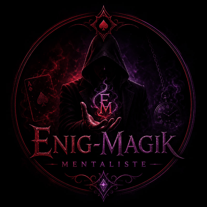 A hooded figure holds a glowing "EM" emblem in the foreground, set against a dark, mystical background featuring an ace of spades and a pocket watch within a circular frame.